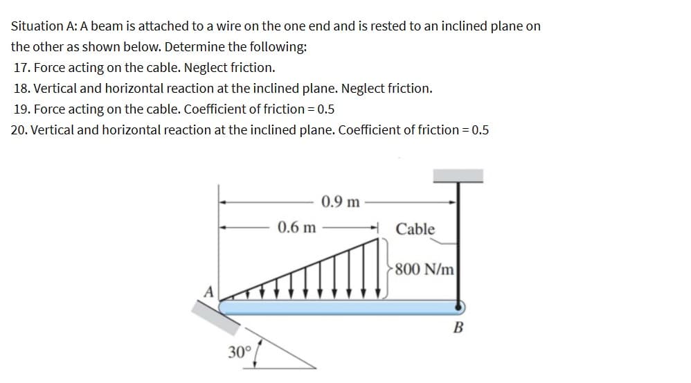 Situation A: A beam is attached to a wire on the one end and is rested to an inclined plane on
the other as shown below. Determine the following:
17. Force acting on the cable. Neglect friction.
18. Vertical and horizontal reaction at the inclined plane. Neglect friction.
19. Force acting on the cable. Coefficient of friction = 0.5
20. Vertical and horizontal reaction at the inclined plane. Coefficient of friction = 0.5
30°
0.9 m
0.6 m
Cable
800 N/m
B