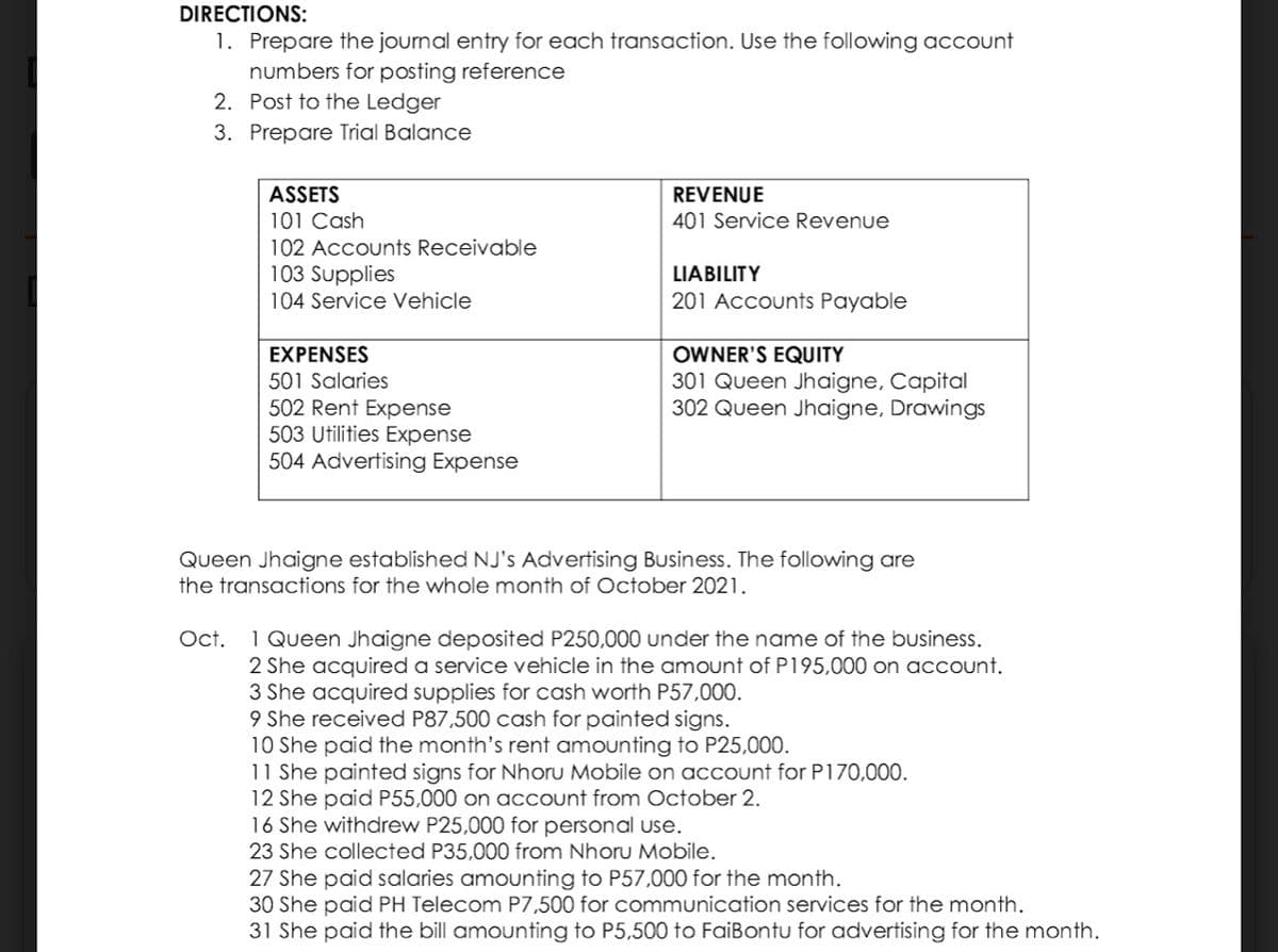 DIRECTIONS:
1. Prepare the journal entry for each transaction. Use the following account
numbers for posting reference
2. Post to the Ledger
3. Prepare Trial Balance
ASSETS
101 Cash
102 Accounts Receivable
103 Supplies
104 Service Vehicle
EXPENSES
501 Salaries
502 Rent Expense
503 Utilities Expense
504 Advertising Expense
REVENUE
401 Service Revenue
LIABILITY
201 Accounts Payable
OWNER'S EQUITY
301 Queen Jhaigne, Capital
302 Queen Jhaigne, Drawings
Queen Jhaigne established NJ's Advertising Business. The following are
the transactions for the whole month of October 2021.
Oct. 1 Queen Jhaigne deposited P250,000 under the name of the business.
2 She acquired a service vehicle in the amount of P195,000 on account.
3 She acquired supplies for cash worth P57,000.
9 She received P87,500 cash for painted signs.
10 She paid the month's rent amounting to P25,000.
11 She painted signs for Nhoru Mobile on account for P170,000.
12 She paid P55,000 on account from October 2.
16 She withdrew P25,000 for personal use.
23 She collected P35,000 from Nhoru Mobile.
27 She paid salaries amounting to P57,000 for the month.
30 She paid PH Telecom P7,500 for communication services for the month.
31 She paid the bill amounting to P5,500 to FaiBontu for advertising for the month.