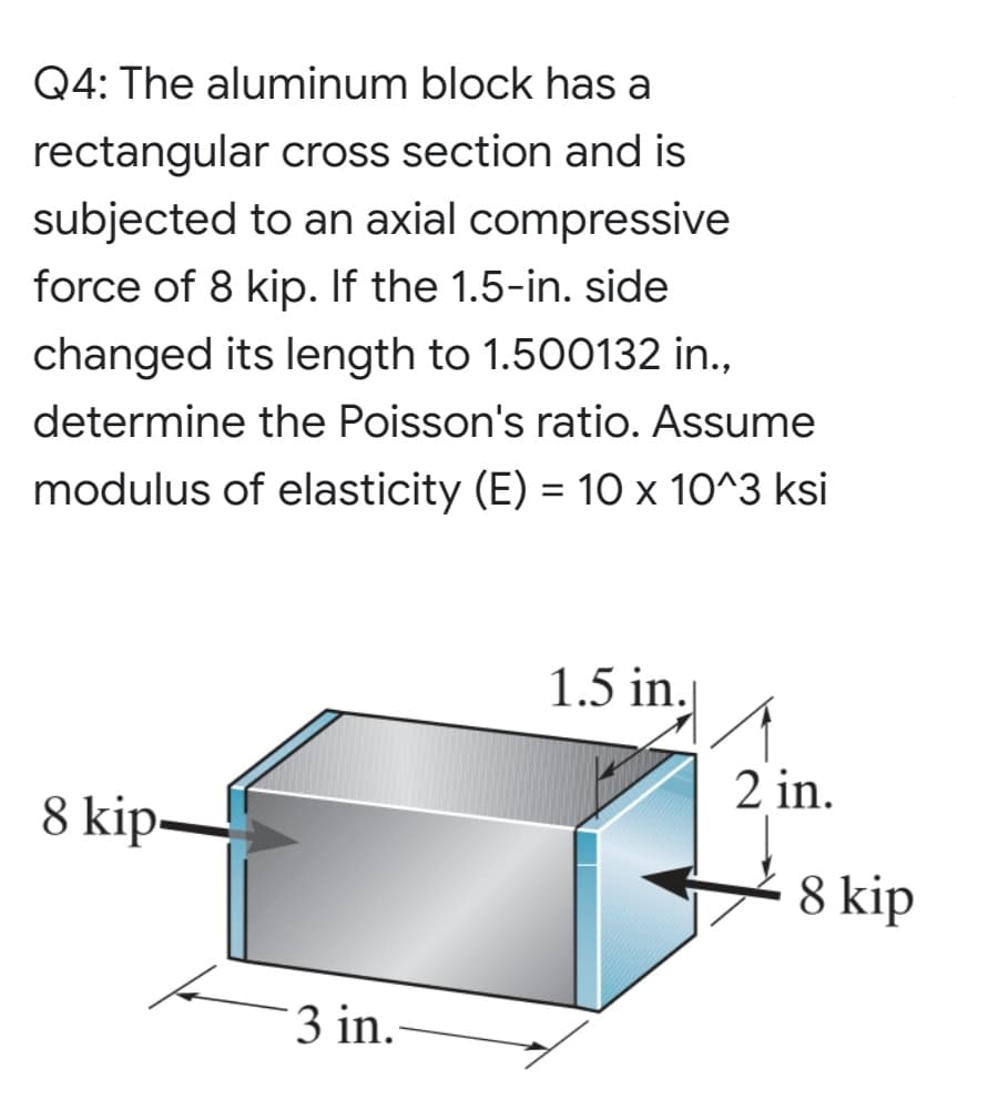 Q4: The aluminum block has a
rectangular cross section and is
subjected to an axial compressive
force of 8 kip. If the 1.5-in. side
changed its length to 1.500132 in.,
determine the Poisson's ratio. Assume
modulus of elasticity (E) = 10 x 10^3 ksi
1.5 in.j
2 in.
8 kip-
8 kip
3 in.-
