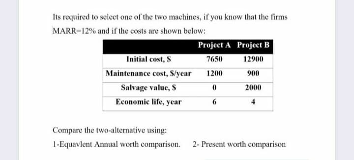 Its required to select one of the two machines, if you know that the firms
MARR-12% and if the costs are shown below:
Project A Project B
Initial cost, $
7650
12900
Maintenance cost, S/year
1200
900
Salvage value, $
2000
Economic life, year
4
Compare the two-alternative using:
1-Equavlent Annual worth comparison.
2- Present worth comparison
