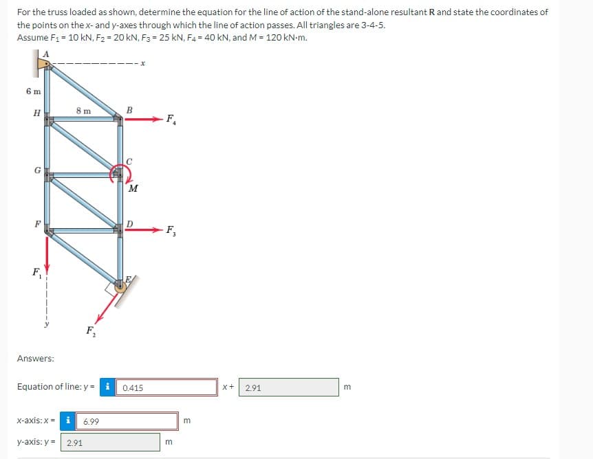 For the truss loaded as shown, determine the equation for the line of action of the stand-alone resultant R and state the coordinates of
the points on the x- and y-axes through which the line of action passes. All triangles are 3-4-5.
Assume F₁ = 10 kN, F2 = 20 kN, F3 = 25 KN, F4 = 40 kN, and M = 120 kN-m.
6 m
H
G
F
F₁
Answers:
8 m
F₂
Equation of line: y =
x-axis: x = i 6.99
y-axis: y = 2.91
i
B
M
D
0.415
-F₁
F₂
m
m
X+
2.91
m