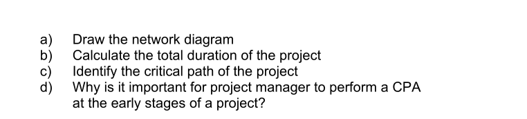 a)
b)
c)
d)
Draw the network diagram
Calculate the total duration of the project
Identify the critical path of the project
Why is it important for project manager to perform a CPA
at the early stages of a project?