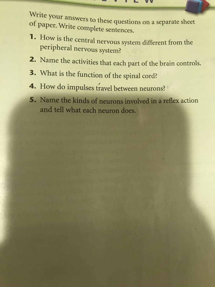 Write your answers to these questions on a separate sheet
of paper. Write complete sentences.
1. How is the central nervous system different from the
peripheral nervous system?
2. Name the activities that each part of the brain controls.
3. What is the function of the spinal cord?
4. How do impulses travel between neurons?
5. Name the kinds of neurons involved in a reflex action
and tell what each neuron does.
