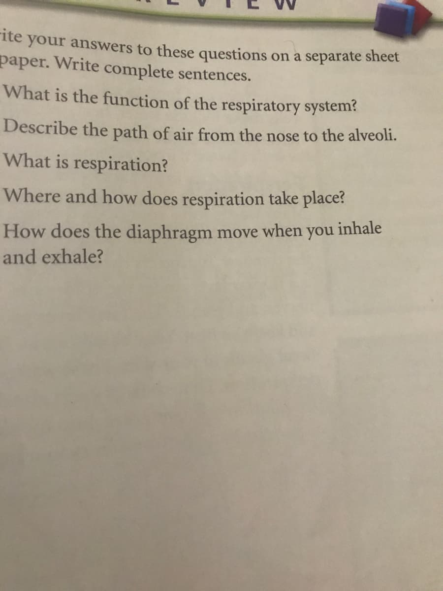 rite
your answers to these questions on a separate sheet
paper. Write complete sentences.
What is the function of the respiratory system?
Describe the path of air from the nose to the alveoli.
What is respiration?
Where and how does respiration take place?
How does the diaphragm move when you inhale
and exhale?
