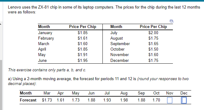 Lenovo uses the ZX-81 chip in some of its laptop computers. The prices for the chip during the last 12 months
were as follows:
Month
January
February
March
April
May
June
Price Per Chip
$1.85
$1.61
$1.60
$1.85
$1.91
$1.95
Month
July
August
September
October
November
December
Price Per Chip
$2.00
$1.75
$1.65
$1.50
$1.60
$1.75
This exercise contains only parts a, b, and c.
a) Using a 2-month moving average, the forecast for periods 11 and 12 is (round your responses to two
decimal places):
Month Mar Apr May Jun Jul Aug
Forecast $1.73 1.61 1.73 1.88 1.93 1.98
Sep Oct Nov
1.88 1.70
Dec