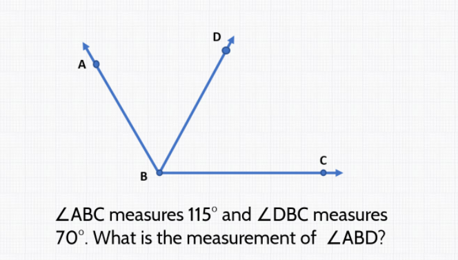 D
A
B
ZABC measures 115° and ZDBC measures
70°. What is the measurement of LABD?
