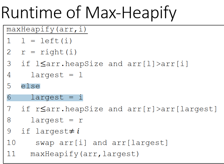 Runtime of Max-Heapify
maxHeapify(arr,i)
left (i)
right (i)
1
1
2 r =
الله
3 if l≤arr.heapSize and arr[1]>arr[i]
4
LO
5
6
=
7
8
9
10
11
largest
else
= 1
largest
=
= i
if r≤arr.heapSize and arr[r]>arr[largest]
largest = r
if largest i
swap arr[i] and arr[largest]
maxHeapify (arr, largest)