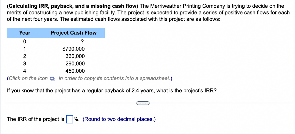 (Calculating IRR, payback, and a missing cash flow) The Merriweather Printing Company is trying to decide on the
merits of constructing a new publishing facility. The project is expected to provide a series of positive cash flows for each
of the next four years. The estimated cash flows associated with this project are as follows:
Project Cash Flow
?
Year
0
1
2
3
4
(Click on the icon in order to copy its contents into a spreadsheet.)
If you know that the project has a regular payback of 2.4 years, what is the project's IRR?
$790,000
360,000
290,000
450,000
The IRR of the project is%. (Round to two decimal places.)