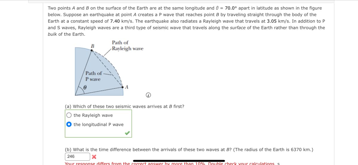 Two points A and B on the surface of the Earth are at the same longitude and = 70.0° apart in latitude as shown in the figure
below. Suppose an earthquake at point A creates a P wave that reaches point B by traveling straight through the body of the
Earth at a constant speed of 7.40 km/s. The earthquake also radiates a Rayleigh wave that travels at 3.05 km/s. In addition to P
and S waves, Rayleigh waves are a third type of seismic wave that travels along the surface of the Earth rather than through the
bulk of the Earth.
B
Path of
P wave
Ө
Path of
Rayleigh wave
(a) Which of these two seismic waves arrives at B first?
O the Rayleigh wave
the longitudinal P wave
(b) What is the time difference between the arrivals of these two waves at B? (The radius of the Earth is 6370 km.)
246
X
Your response differs from the correct answer by more than 10%. Double check your calculations, s