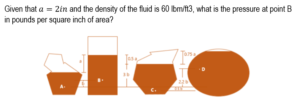 Given that a = 2in and the density of the fluid is 60 lbm/ft3, what is the pressure at point B
in pounds per square inch of area?
0.75 a
Tosa
·D
3b
2.2 b
056
