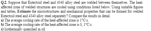 Q.2. Suppose that Eutectoid steel and 4340 alloy steel are welded between themselves. The heat-
affected zone of welded structures are cooled using conditions listed below. Using suitable figures
and tables, Estimate the microstructures and mechanical properties that can be formed for welded
Eutectoid steel and 4340 alloy steel separately? Compare the results in detail.
a) The average cooling rate of the heat-affected zone is 1°C/s.
b) The average cooling rate of the heat-affected zone is 0, 1°C/s.
c) Isothemally quenched in oil
