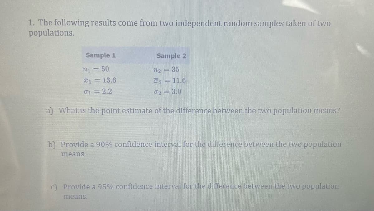 1. The following results come from two independent random samples taken of two
populations.
Sample 1
n₁ = 50
₁ = 13.6
01 = 2.2
Sample 2
n2 = 35
T2 = 11.6
02 = 3.0
a) What is the point estimate of the difference between the two population means?
b) Provide a 90% confidence interval for the difference between the two population
means.
c) Provide a 95% confidence interval for the difference between the two population
means.