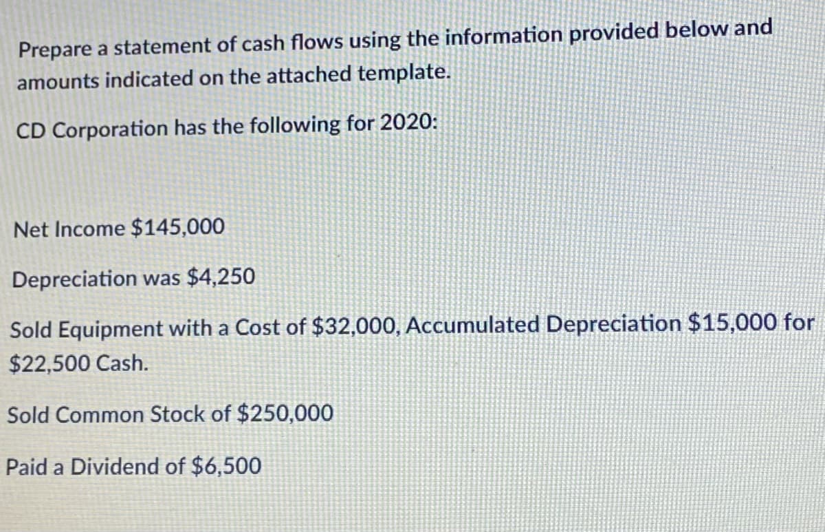 Prepare a statement of cash flows using the information provided below and
amounts indicated on the attached template.
CD Corporation has the following for 2020:
Net Income $145,000
Depreciation was $4,250
Sold Equipment with a Cost of $32,000, Accumulated Depreciation $15,000 for
$22,500 Cash.
Sold Common Stock of $250,000
Paid a Dividend of $6,500
