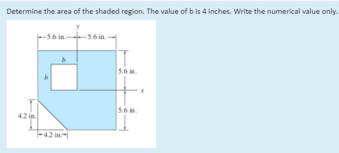 Determine the area of the shaded region. The value of b is 4 inches. Write the numerical value only.
-5.6 in.-
- 5.6 in -
5.6 in.
b
5.6 in.
4.2 in.
|-4,2 in.→|
