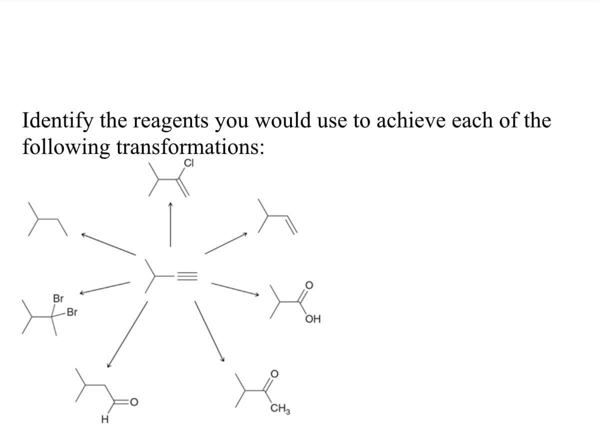Identify the reagents you would use to achieve each of the
following transformations:
CI
Br
-Br
H
CH3
OH