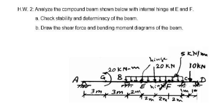 H.W. 2: Analyze the compound beam shown below with internal hinge at E and F.
a. Check stability and determinacy of the beam.
b. Draw the shear force and bending moment diagrams of the beam.
20 KN-m
3m x
13m x 2m
hinge
,20 KN
BITTE
Fit. E hingef
5KN/m
JOKN
Andh
I'm Im
2m 2m 2m
2m²: *
