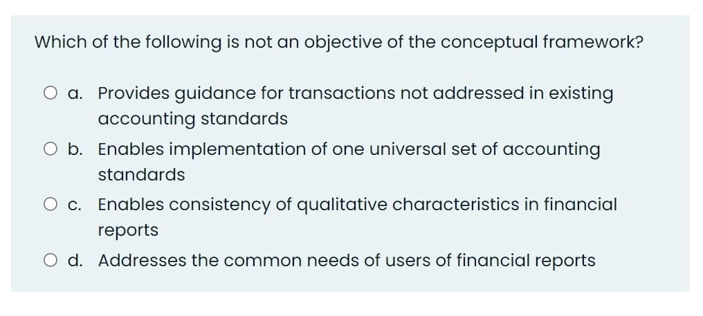 Which of the following is not an objective of the conceptual framework?
O a. Provides guidance for transactions not addressed in existing
accounting standards
O b. Enables implementation of one universal set of accounting
standards
O c. Enables consistency of qualitative characteristics in financial
reports
O d. Addresses the common needs of users of financial reports
