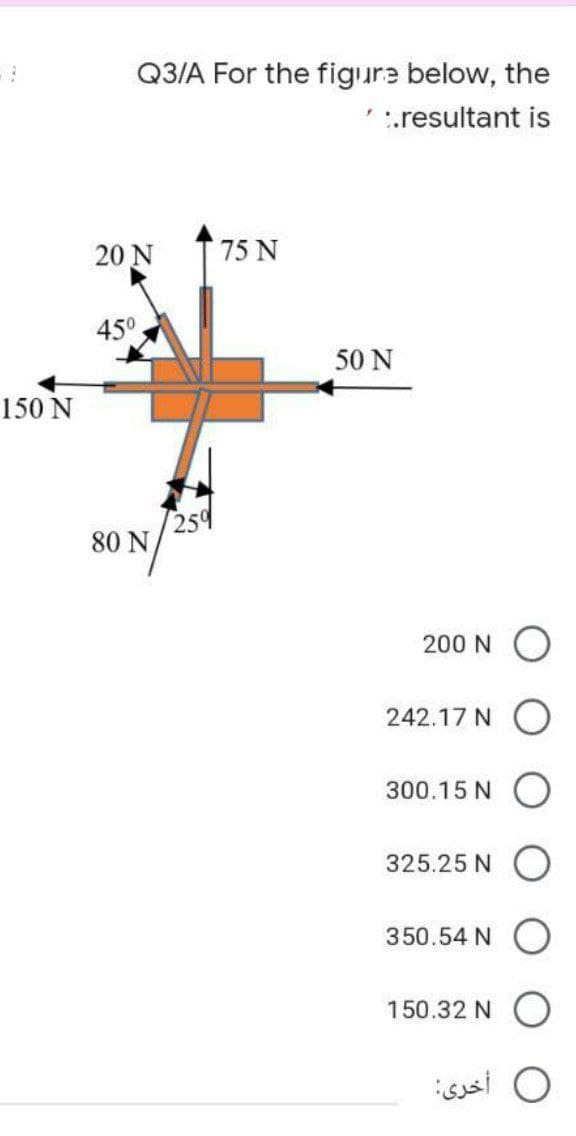 Q3/A For the figure below, the
'.resultant is
20 N
75 N
45°
50 N
150 N
8O N/
259
200 N
242.17 N
300.15 N
325.25 N O
350.54 N
150.32 N
isssi O
