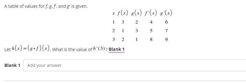 A table of values for f, g. f, and g' is given.
f(x) 8(x) f'(x) g'(x)
2
4
1
3
7
3
2 1
9
Let h(x) = (g•f)(x). what is the value of h'(3)? Blank 1
Blank 1
Add your answer
2.
