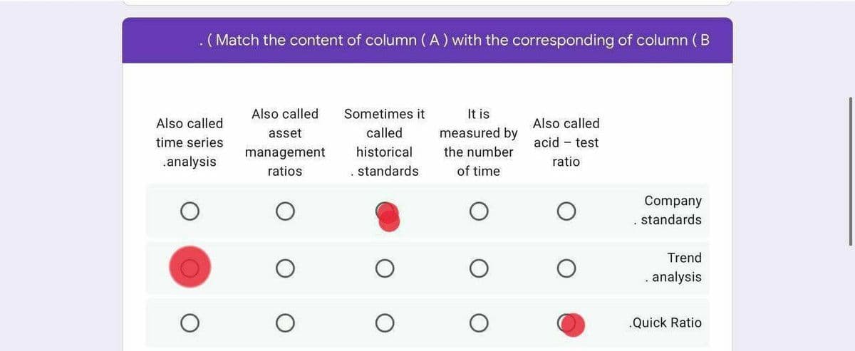 .(Match the content of column (A) with the corresponding of column ( B
It is
measured by
Also called
Sometimes it
Also called
Also called
asset
called
time series
acid - test
management
historical
the number
.analysis
ratio
ratios
. standards
of time
Company
standards
Trend
analysis
„Quick Ratio
