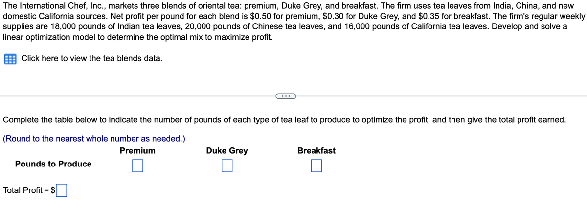 The International Chef, Inc., markets three blends of oriental tea: premium, Duke Grey, and breakfast. The firm uses tea leaves from India, China, and new
domestic California sources. Net profit per pound for each blend is $0.50 for premium, $0.30 for Duke Grey, and $0.35 for breakfast. The firm's regular weekly
supplies are 18,000 pounds of Indian tea leaves, 20,000 pounds of Chinese tea leaves, and 16,000 pounds of California tea leaves. Develop and solve a
linear optimization model to determine the optimal mix to maximize profit.
Click here to view the tea blends data.
Complete the table below to indicate the number of pounds of each type of tea leaf to produce to optimize the profit, and then give the total profit earned.
(Round to the nearest whole number as needed.)
Premium
Pounds to Produce
Total Profit = $
Duke Grey
Breakfast