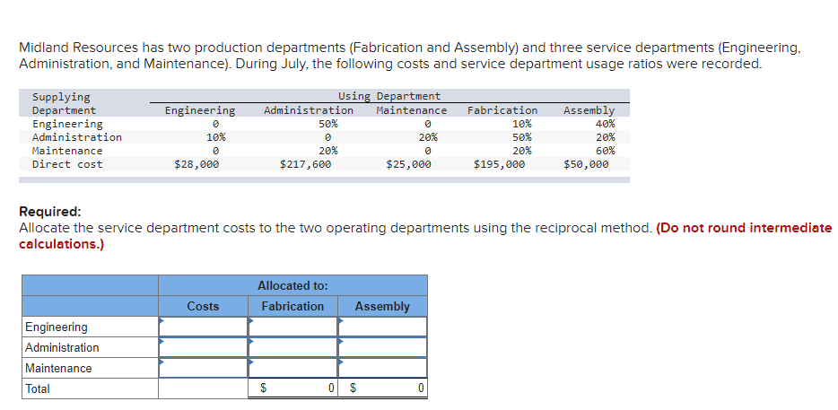 Midland Resources has two production departments (Fabrication and Assembly) and three service departments (Engineering,
Administration, and Maintenance). During July, the following costs and service department usage ratios were recorded.
Supplying
Department
Engineering
Administration
Maintenance
50%
Using Department
Engineering
Administration Maintenance
Fabrication
Assembly
Ө
10%
0
0
20%
0
20%
0
10%
40%
50%
20%
20%
60%
Direct cost
$28,000
$217,600
$25,000
$195,000
$50,000
Required:
Allocate the service department costs to the two operating departments using the reciprocal method. (Do not round intermediate
calculations.)
Engineering
Administration
Maintenance
Total
Costs
Allocated to:
Fabrication
Assembly
$
0 $
0