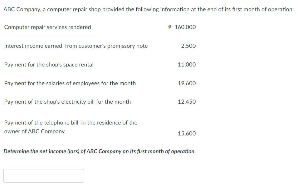 ABC Company, a computer repair shop provided the following information at the end of its first month of operation:
Computer repair services rendered
P 160,000
Interest income earned from customer's promissory note
2,500
Payment for the shop's space rental
11,000
Payment for the salaries of employees for the month
19,600
Payment of the shop's electricity bill for the month
12,450
Payment of the telephone bill in the residence of the
owner of ABC Company
15,600
Determine the net income (loss) of ABC Company on its first month of operation.
