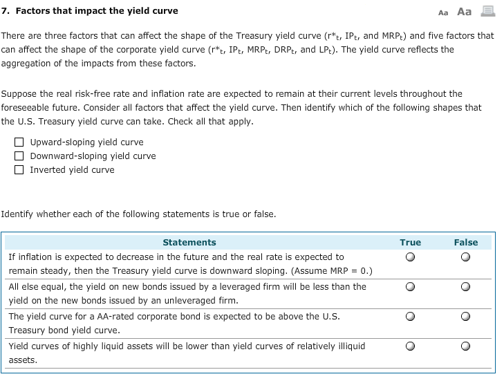 7. Factors that impact the yield curve
Aa Aa
There are three factors that can affect the shape of the Treasury yield curve (rt, IPt, and MRPt) and five factors that
can affect the shape of the corporate yield curve (r*t, IPt, MRPt, DRPt, and LPt). The yield curve reflects the
aggregation of the impacts from these factors.
Suppose the real risk-free rate and inflation rate are expected to remain at their current levels throughout the
foreseeable future. Consider all factors that affect the yield curve. Then identify which of the following shapes that
the U.S. Treasury yield curve can take. Check all that apply
Upward-sloping yield curve
Downward-sloping yield curve
Inverted yield curve
Identify whether each of the following statements is true or false.
False
Statements
True
If inflation is expected to decrease in the future and the real rate is expected to
remain steady, then the Treasury yield curve is downward sloping. (Assume MRP 0.)
All else equal, the yield on new bonds issued by a leveraged firm will be less than the
yield on the new bonds issued by an unleveraged firm.
The yield curve for a AA-rated corporate bond is expected to be above the U.S.
Treasury bond yield curve.
Yield curves of highly liquid assets will be lower than yield curves of relatively illiquid
assets.
