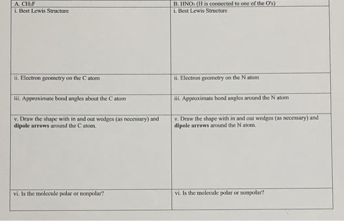 A. CHF
i. Best Lewis Structure
B. HNO (H is connected to one of the O's)
i. Best Lewis Structure
ii. Electron geometry on the C atom
ii. Electron geometry on the N atom
iii. Approximate bond angles about the C atom
iii. Approximate bond angles around the N atom
v. Draw the shape with in and out wedges (as necessary) and
dipole arrows around the C atom.
v. Draw the shape with in and out wedges (as necessary) and
dipole arrows around the N atom.
vi. Is the molecule polar or nonpolar?
vi. Is the molecule polar or nonpolar?
