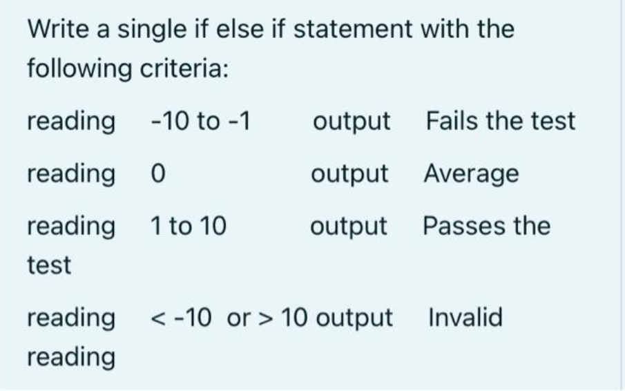 Write a single if else if statement with the
following criteria:
reading -10 to -1
output Fails the test
reading 0
output Average
reading 1 to 10
output
Passes the
test
< -10 or > 10 output Invalid
reading

