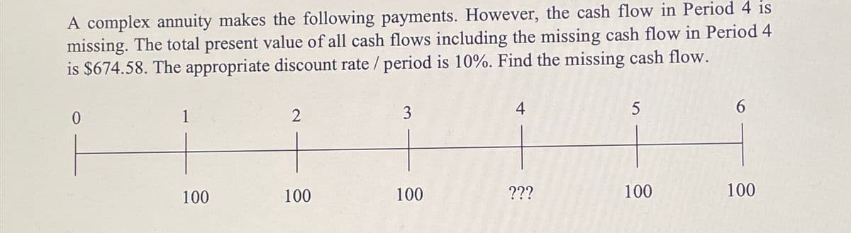 A complex annuity makes the following payments. However, the cash flow in Period 4 is
missing. The total present value of all cash flows including the missing cash flow in Period 4
is $674.58. The appropriate discount rate / period is 10%. Find the missing cash flow.
0
1
100
2
100
3
100
4
???
5
100
6
100