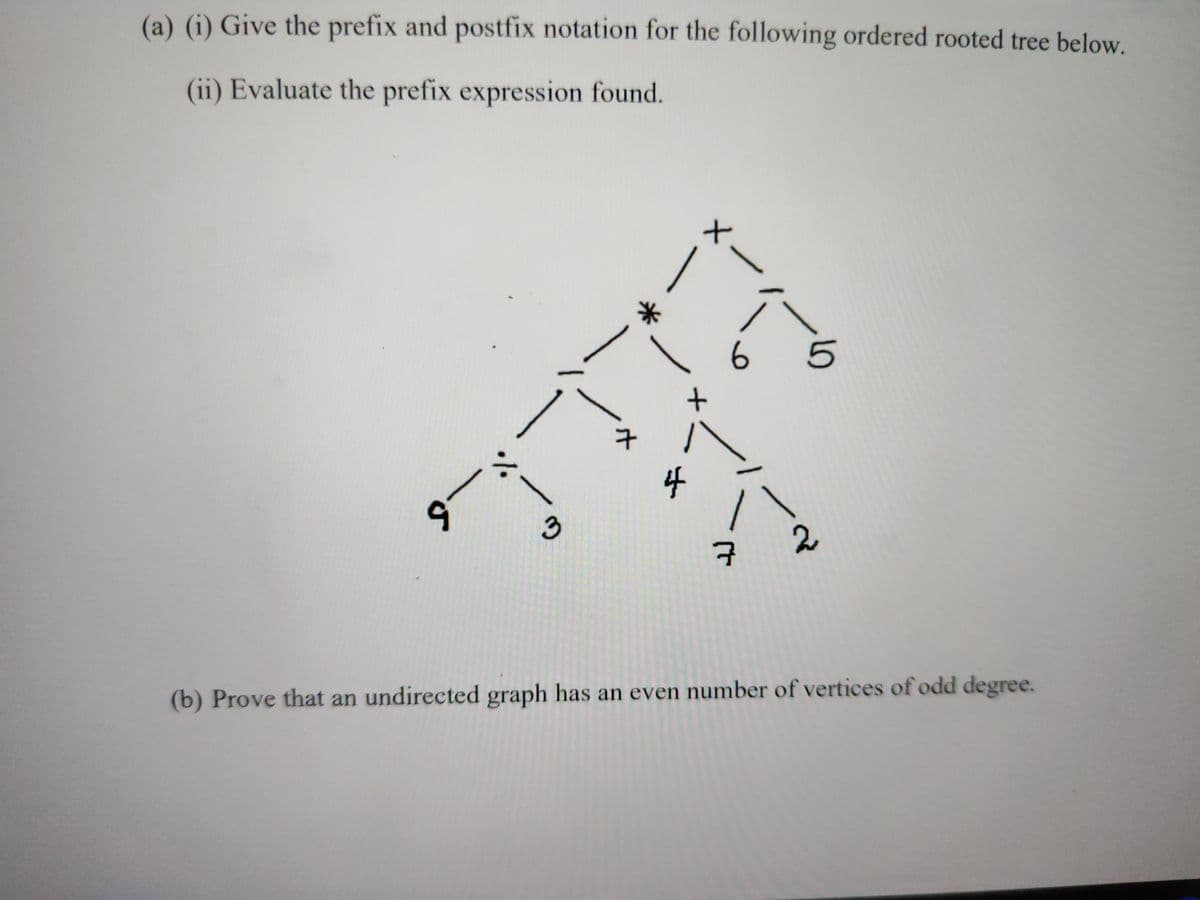 (a) (i) Give the prefix and postfix notation for the following ordered rooted tree below.
(ii) Evaluate the prefix expression found.
9
_ ٪.
Cu
7
4
+
X
6 5
(t
구
2
(b) Prove that an undirected graph has an even number of vertices of odd degree.