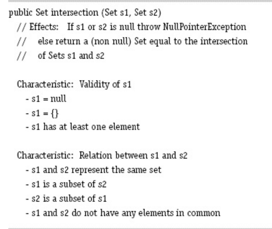 public Set intersection (Set s1, Set s2)
// Effects: If s1 or s2 is null throw NullPointerException
// else return a (non null) Set equal to the intersection
// of Sets s1 and s2
Characteristic: Validity of s1
- s1 = null
-s1 = {}
-s1 has at least one element
Characteristic: Relation between s1 and s2
-s1 and s2 represent the same set
-s1 is a subset of s2
- s2 is a subset of s1
-s1 and s2 do not have any elements in common
