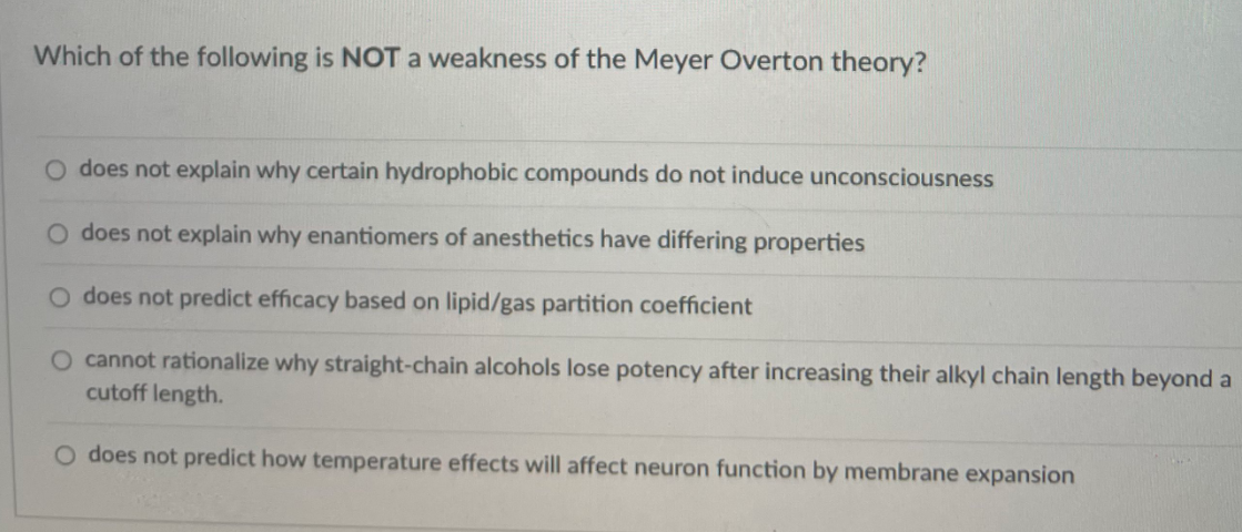 Which of the following is NOT a weakness of the Meyer Overton theory?
O does not explain why certain hydrophobic compounds do not induce unconsciousness
O does not explain why enantiomers of anesthetics have differing properties
O does not predict efficacy based on lipid/gas partition coefficient
O cannot rationalize why straight-chain alcohols lose potency after increasing their alkyl chain length beyond a
cutoff length.
O does not predict how temperature effects will affect neuron function by membrane expansion

