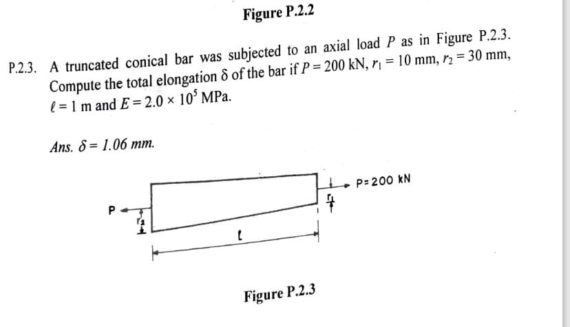 Figure P.2.2
P.2.3. A truncated conical bar was subjected to an axial load P as in Figure P.2.3.
Compute the total elongation 8 of the bar if P = 200 kN, rị = 10 mm, r2 = 30 mm,
l = 1 m and E = 2.0 × 10' MPa.
Ans. 8 = 1.06 mm.
P= 200 kN
P
Figure P.2.3
