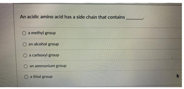 An acidic amino acid has a side chain that contains
O a methyl group
O an alcohol group
O a carboxyl group
an ammonium group
O a thiol group

