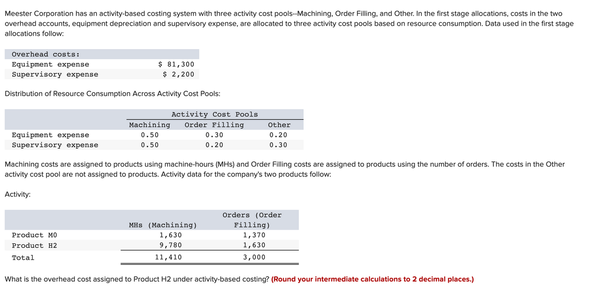 Meester Corporation has an activity-based costing system with three activity cost pools--Machining, Order Filling, and Other. In the first stage allocations, costs in the two
overhead accounts, equipment depreciation and supervisory expense, are allocated to three activity cost pools based on resource consumption. Data used in the first stage
allocations follow:
Overhead costs:
Equipment expense
Supervisory expense
$ 81,300
$ 2,200
Distribution of Resource Consumption Across Activity Cost Pools:
Activity Cost Pools
Order Filling
Machining
Other
Equipment expense
Supervisory expense
0.50
0.30
0.20
0.50
0.20
0.30
Machining costs are assigned to products using machine-hours (MHs) and Order Filling costs are assigned to products using the number of orders. The costs in the Other
activity cost pool are not assigned to products. Activity data for the company's two products follow:
Activity:
Orders (Order
MHs (Machining)
Filling)
Product MO
1,630
1,370
Product H2
9,780
1,630
Total
11,410
3,000
What is the overhead cost assigned to Product H2 under activity-based costing? (Round your intermediate calculations to 2 decimal places.)
