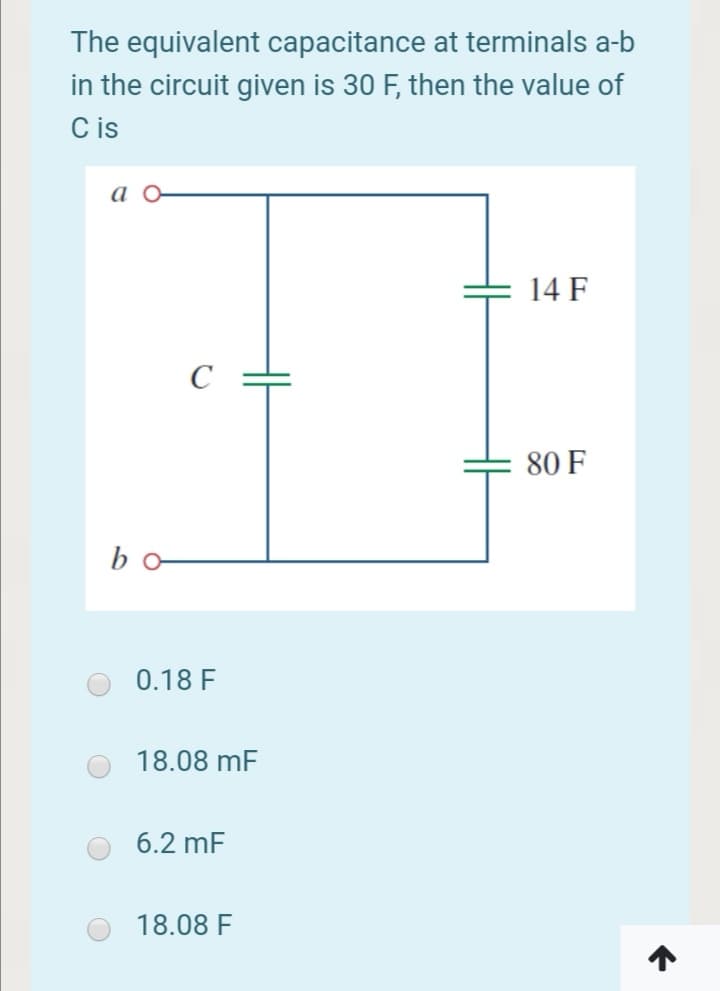 The equivalent capacitance at terminals a-b
in the circuit given is 30 F, then the value of
C is
ао
14 F
C
O F
bo
0.18 F
18.08 mF
6.2 mF
18.08 F
