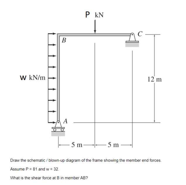 P kN
В
w kN/m
12 m
A
5 m
5 m
Draw the schematic / blown-up diagram of the frame showing the member end forces.
Assume P = 81 and w = 32.
What is the shear force at B in member AB?
