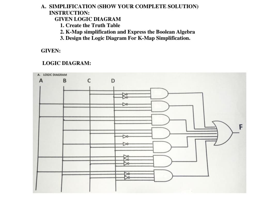 A. SIMPLIFICATION (SHOW YOUR COMPLETE SOLUTION)
INSTRUCTION:
GIVEN LOGIC DIAGRAM
1. Create the Truth Table
2. K-Map simplification and Express the Boolean Algebra
3. Design the Logic Diagram For K-Map Simplification.
GIVEN:
LOGIC DIAGRAM:
A. LOGIC DIAGRAM
D
Do
F
Do
Do
