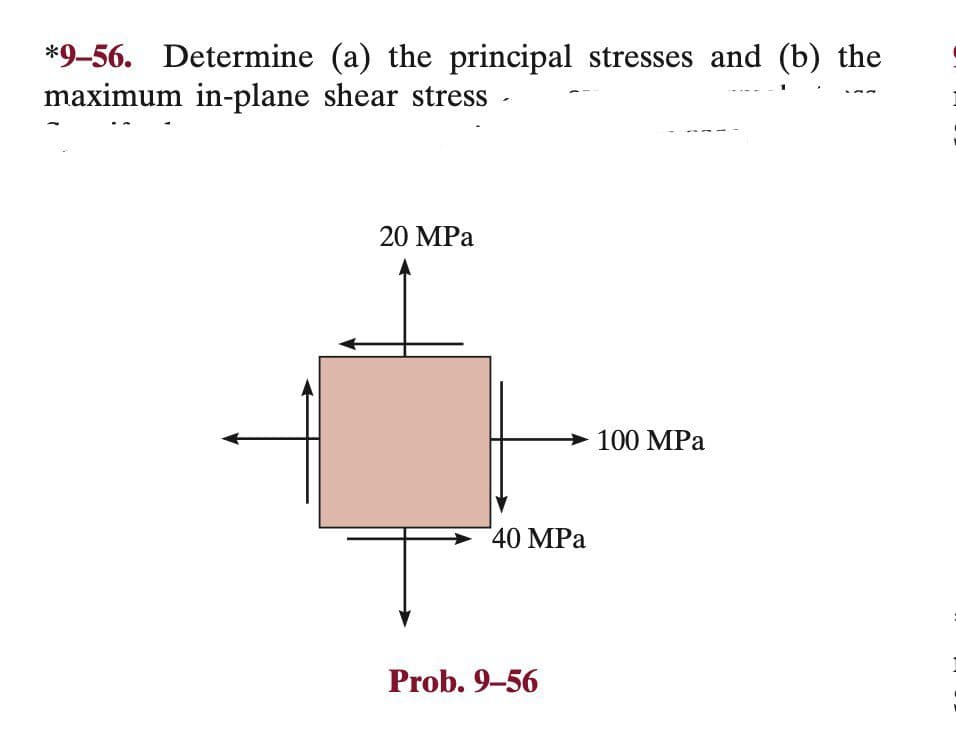 *9-56. Determine (a) the principal stresses and (b) the
maximum in-plane shear stress
20 MPа
100 MPa
40 MPa
Prob. 9-56
