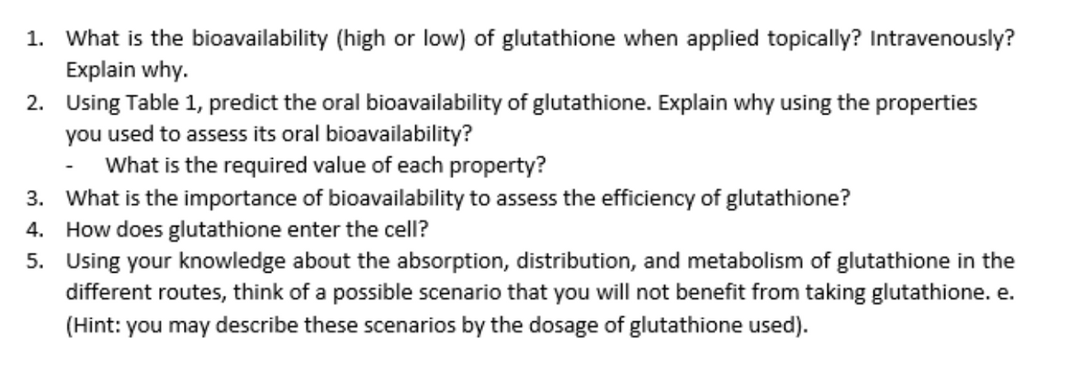 1. What is the bioavailability (high or low) of glutathione when applied topically? Intravenously?
Explain why.
2. Using Table 1, predict the oral bioavailability of glutathione. Explain why using the properties
you used to assess its oral bioavailability?
What is the required value of each property?
3. What is the importance of bioavailability to assess the efficiency of glutathione?
4. How does glutathione enter the cell?
5. Using your knowledge about the absorption, distribution, and metabolism of glutathione in the
different routes, think of a possible scenario that you will not benefit from taking glutathione. e.
(Hint: you may describe these scenarios by the dosage of glutathione used).

