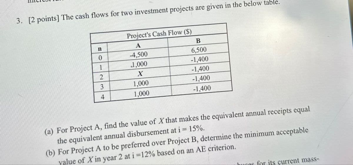 3. [2 points] The cash flows for two investment projects are given in the below table.
Project's Cash Flow ($)
n
A
B
0
-4,500
6,500
1
1,000
-1,400
2
X
-1,400
3
1,000
-1,400
4
1,000
-1,400
(a) For Project A, find the value of X that makes the equivalent annual receipts equal
the equivalent annual disbursement at i = 15%.
(b) For Project A to be preferred over Project B, determine the minimum acceptable
value of X in year 2 at i =12% based on an AE criterion.
Luces for its current mass-