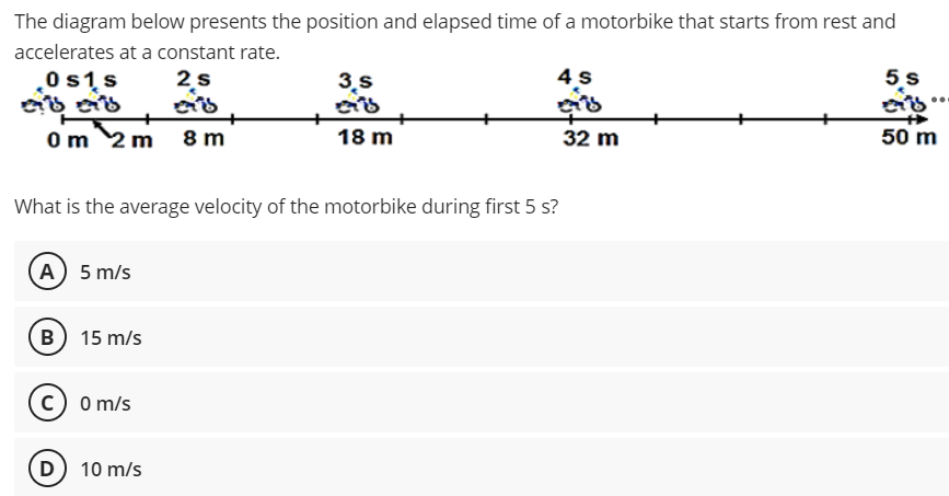 The diagram below presents the position and elapsed time of a motorbike that starts from rest and
accelerates at a constant rate.
0s1s
2s
3.s
4 s
5 s
Om 2m 8 m
18 m
32 m
50 m
What is the average velocity of the motorbike during first 5 s?
(A) 5 m/s
(B) 15 m/s
c) o m/s
(D) 10 m/s
