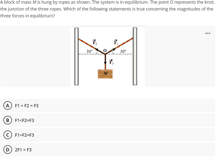 A block of mass M is hung by ropes as shown. The system is in equilibrium. The point O represents the knot,
the junction of the three ropes. Which of the following statements is true concerning the magnitudes of the
three forces in equilibrium?
...
30°
30°
M
(A) F1 = F2 = F3
B F1<F2=F3
c) F1>F2=F3
D) 2F1 = F3
