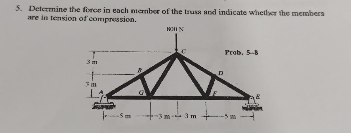 5. Determine the force in each member of the truss and indicate whether the members
are in tension of compression.
800 N
Prob. 5-8
3 m
3 m
G
E
5 m
-3 m-3 m +
-5 m
