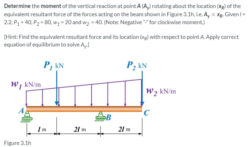 Determine the moment of the vertical reaction at point.A (A,) rotating about the location (XR) of the
equivalent resultant force of the forces acting on the beam shown in Figure 3.1h, i.e. Ay x XR. Given /=
2.2, P1 = 40, P2 = 80, w1 = 20 and w2 = 40. (Note: Negative "-" for clockwise moment.)
[Hint: Find the equivalent resultant force and its location (xR) with respect to point A. Apply correct
equation of equilibrium to solve Ay.]
P, kN
P2 kN
W, kN/m
W2 kN/m
B
I m
21 m
21 m
Figure 3.1h
