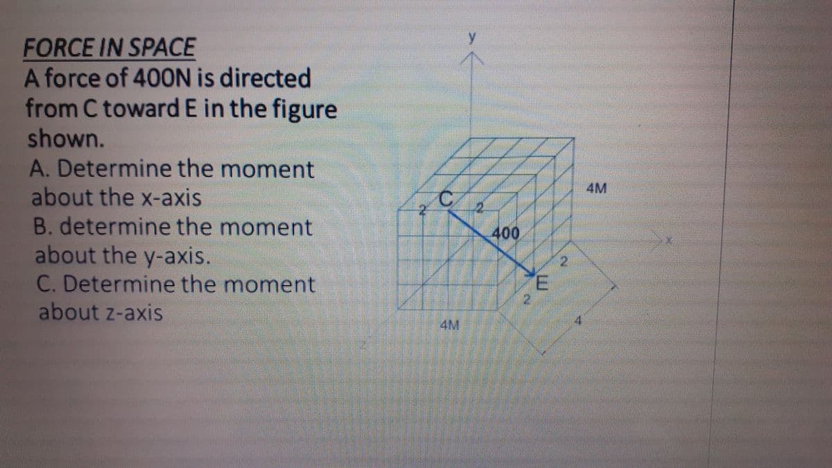 y
FORCE IN SPACE
A force of 40ON is directed
from C towardE in the figure
shown.
A. Determine the moment
about the x-axis
B.determine the moment
about the y-axis.
C. Determine the moment
about z-axis
4M
400
E.
4M
