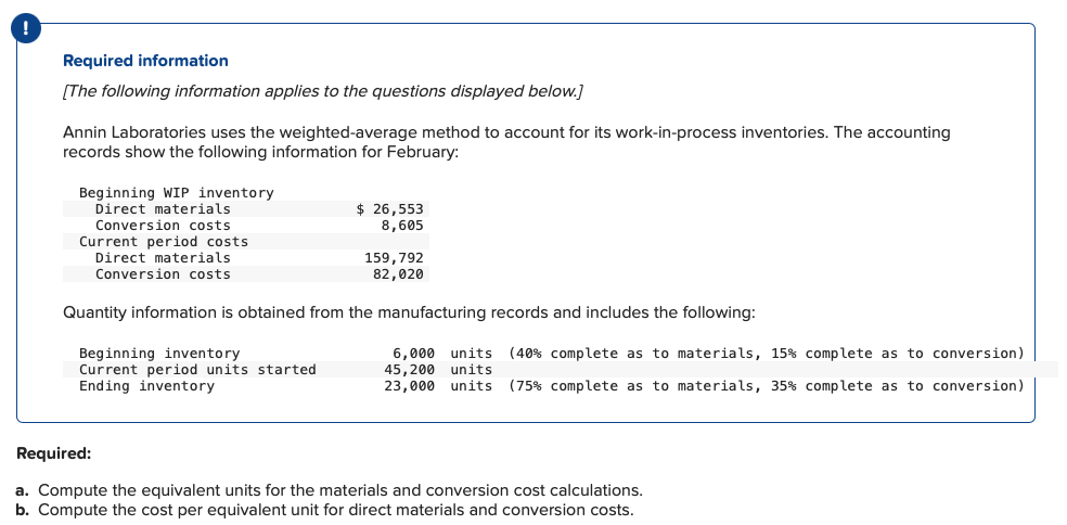 !
Required information
[The following information applies to the questions displayed below.]
Annin Laboratories uses the weighted-average method to account for its work-in-process inventories. The accounting
records show the following information for February:
Beginning WIP inventory
Direct materials
Conversion costs
Current period costs
Direct materials
Conversion costs
$ 26,553
8,605
159,792
82,020
Quantity information is obtained from the manufacturing records and includes the following:
Beginning inventory
Current period units started
Ending inventory
6,000 units (40 % complete as to materials, 15% complete as to conversion)
45,200 units
23,000 units (75% complete as to materials, 35% complete as to conversion)
Required:
a. Compute the equivalent units for the materials and conversion cost calculations.
b. Compute the cost per equivalent unit for direct materials and conversion costs.