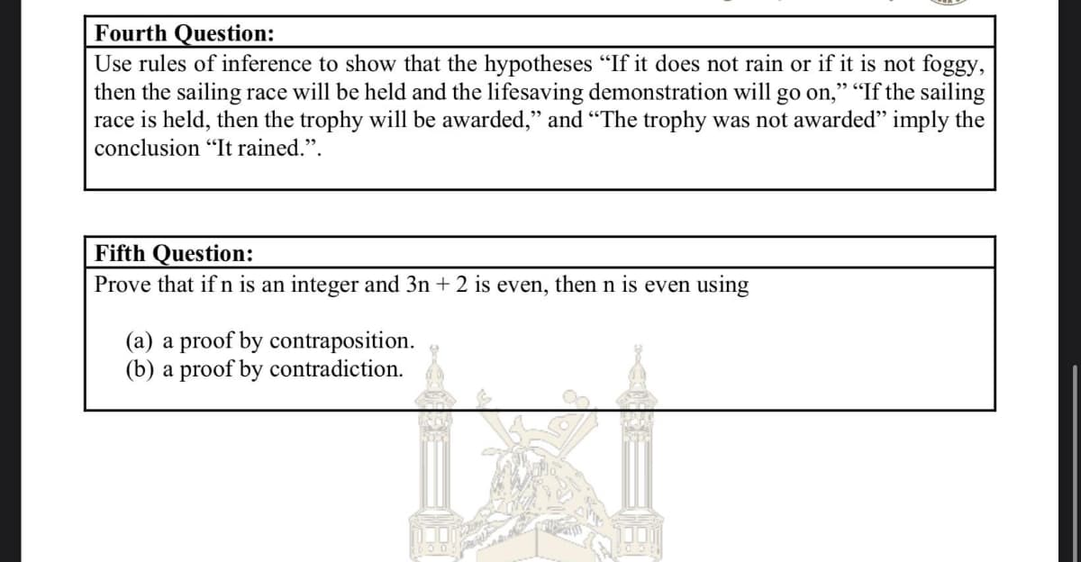 Fourth Question:
Use rules of inference to show that the hypotheses "If it does not rain or if it is not foggy,
then the sailing race will be held and the lifesaving demonstration will go on," “If the sailing
race is held, then the trophy will be awarded," and "The trophy was not awarded" imply the
conclusion "It rained.".
Fifth Question:
Prove that if n is an integer and 3n + 2 is even, then n is even using
(a) a proof by contraposition.
(b) a proof by contradiction.
